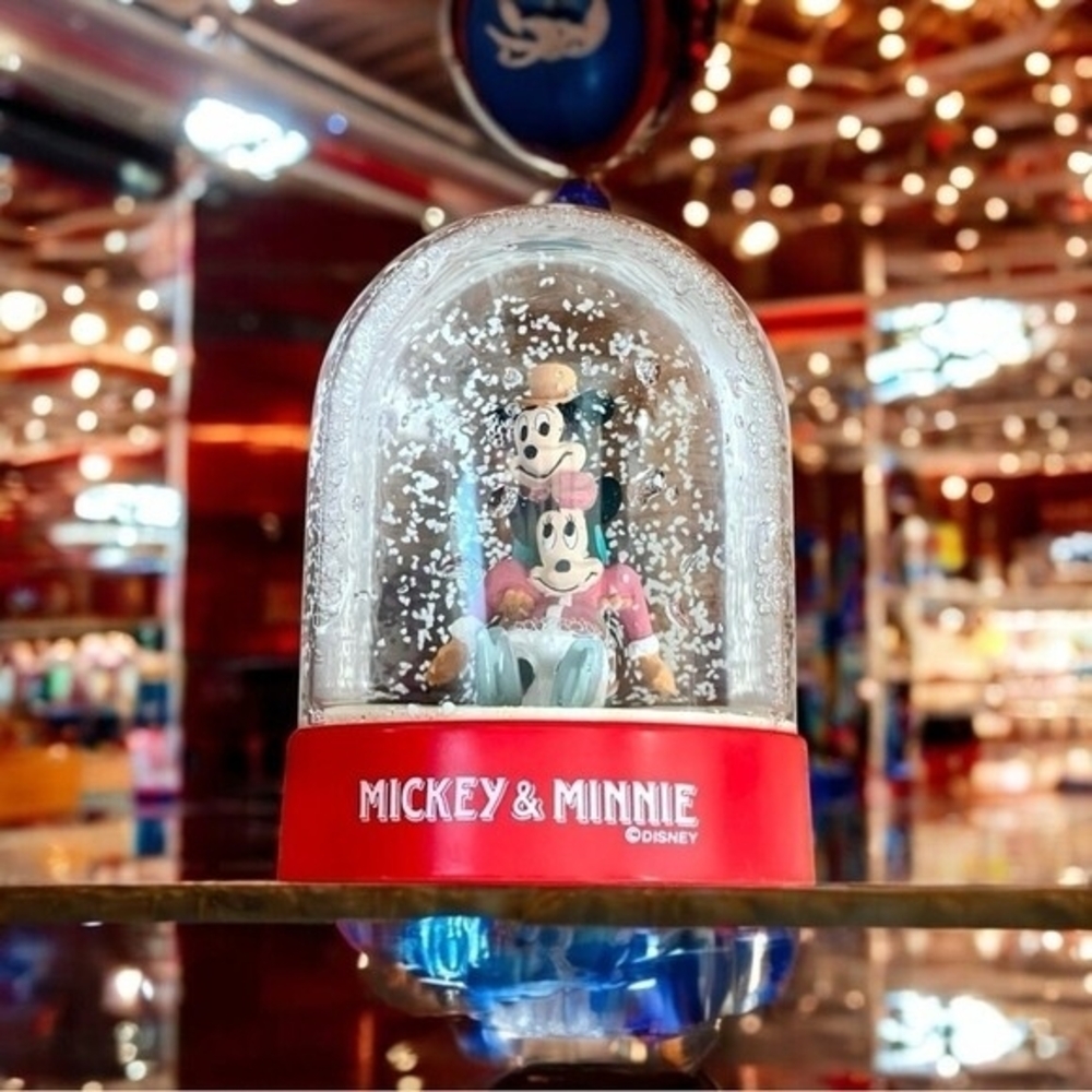 Vintage Disney Mickey Minnie Mouse Crystal Snow Globe Red Base Collectible Rare